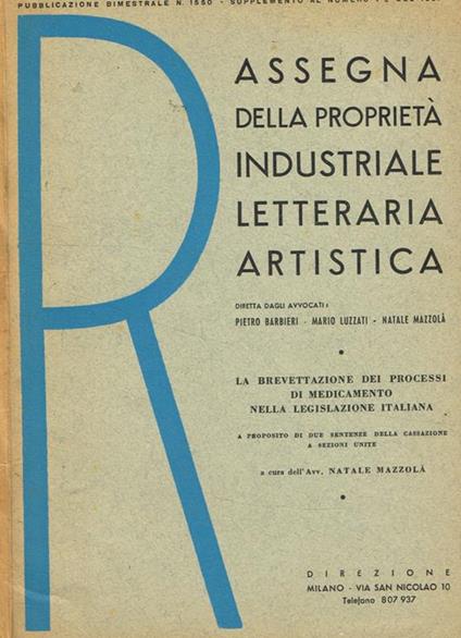 Rassegna della proprietà industriale letteraria artistica. Pubblicazione bimestrale, supplemento al n.1-2 del 1951 - Pietro Barbieri - copertina