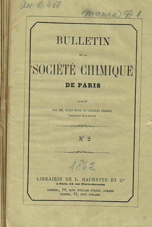 Bulletin de la societe chimique de Paris fasc.2, 3, 4, 5, 6, anno 1862 - copertina