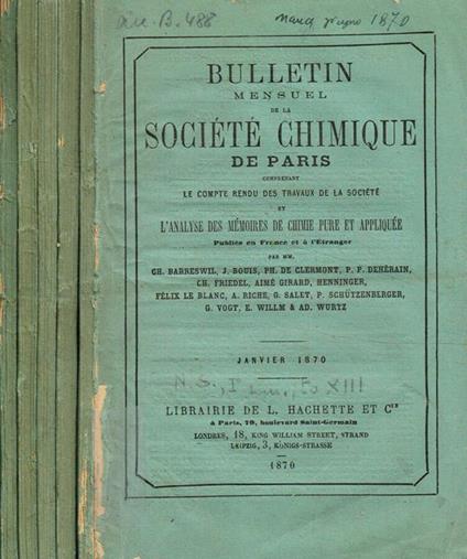 Bulletin mensuel de la societe chimique de Paris fasc.1, 2, 3, 4, 5, anno 1870 - copertina