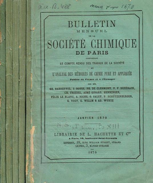 Bulletin mensuel de la societe chimique de Paris fasc.1, 2, 3, 4, 5, anno 1870 - copertina
