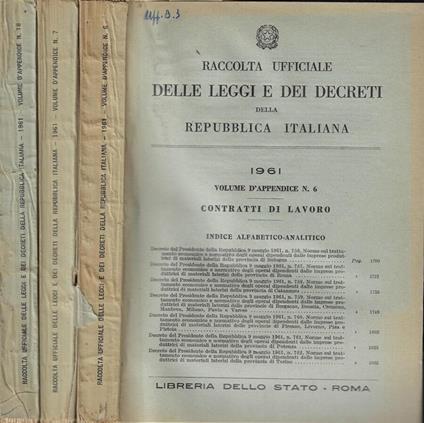 Raccolta Ufficiale delle Leggi e dei Decreti della Repubblica Italiana Anno 1961 volume d'appendice n. 6-7-18 - copertina