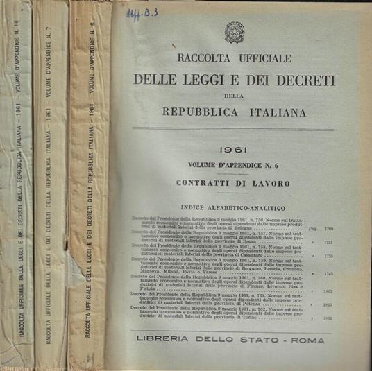Raccolta Ufficiale delle Leggi e dei Decreti della Repubblica Italiana Anno 1961 volume d'appendice n. 6-7-18 - copertina