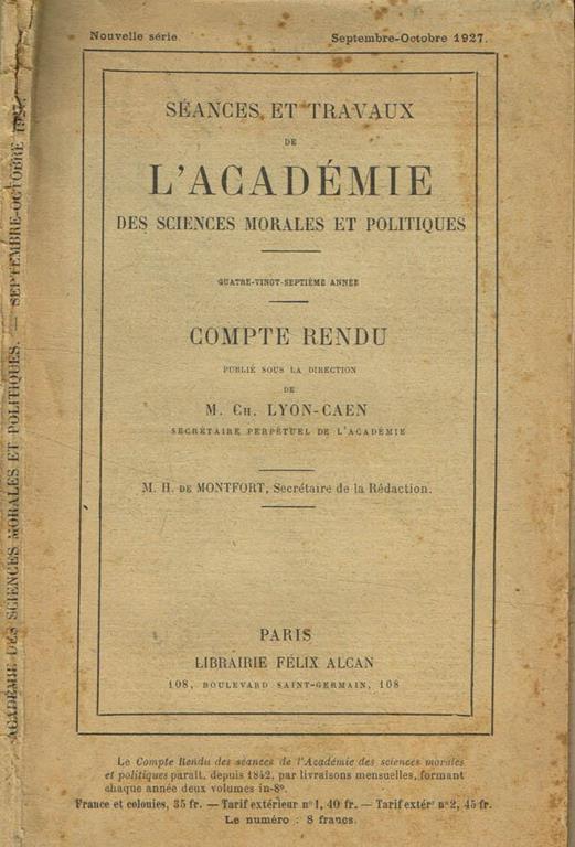 Seances et travaux de l'academie des sciences morales et politiques. Compte rendu. Septembre-octobre 1927 - copertina