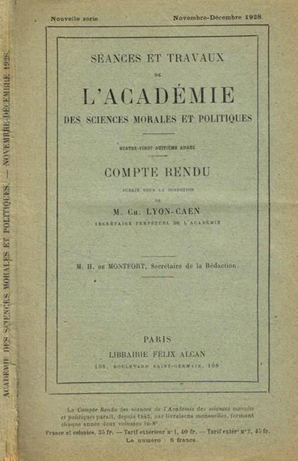 Seances et travaux de l'academie des sciences morales et politiques. Compte rendu. Novembre-decembre 1928 - copertina