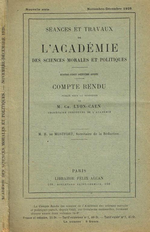 Seances et travaux de l'academie des sciences morales et politiques. Compte rendu. Novembre-decembre 1928 - copertina