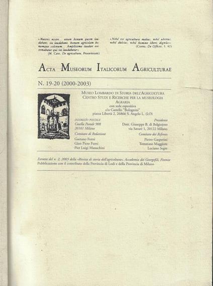 Acta Museorum Italicorum Agriculturae n. 19-20 (2000-2003) - copertina