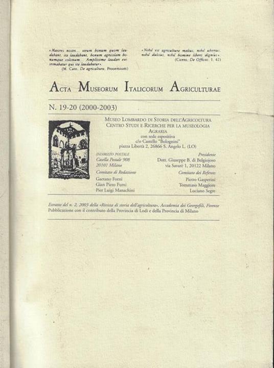 Acta Museorum Italicorum Agriculturae n. 19-20 (2000-2003) - copertina