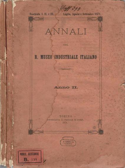 Annali del R. Museo Industriale Italiano 1871 anno II - copertina