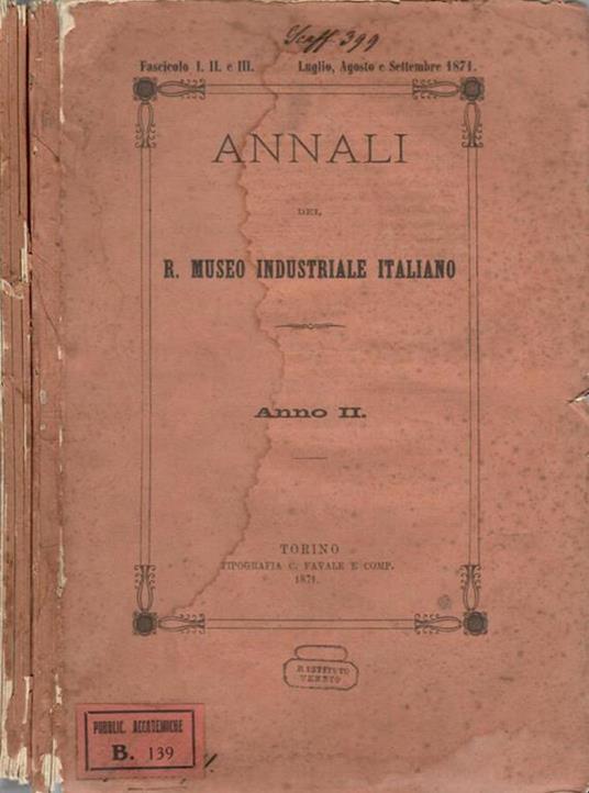 Annali del R. Museo Industriale Italiano 1871 anno II - copertina
