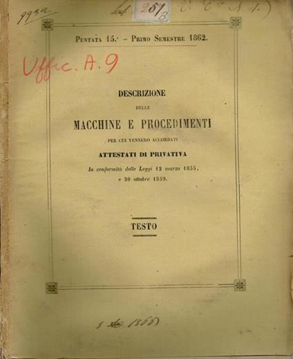Descrizione delle Macchine e Procedimenti per cui vennero accordati attestati di privativa - copertina