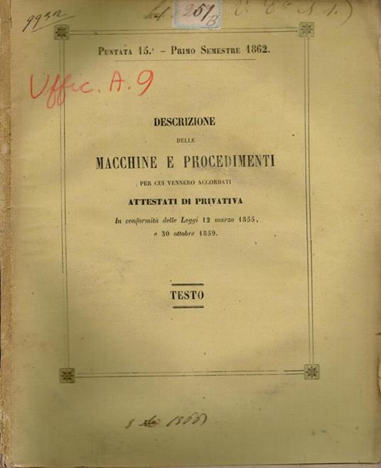 Descrizione delle Macchine e Procedimenti per cui vennero accordati attestati di privativa - copertina