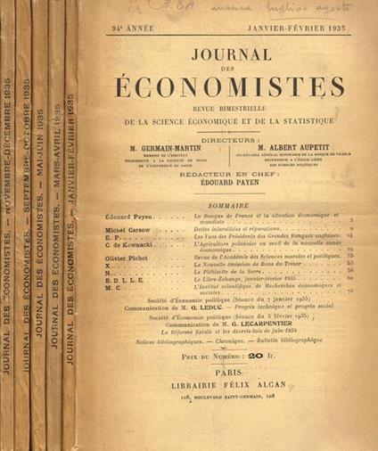 Journal des economistes. Revue bimestrielle de la science economique et de la statistique. 94 année, jan/fev, mar/avr, mai/Jui, sep/oct, nov/dec 1935 - copertina