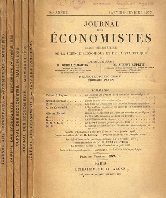 Journal des economistes. Revue bimestrielle de la science economique et de la statistique. 94 année, jan/fev, mar/avr, mai/Jui, sep/oct, nov/dec 1935 - copertina