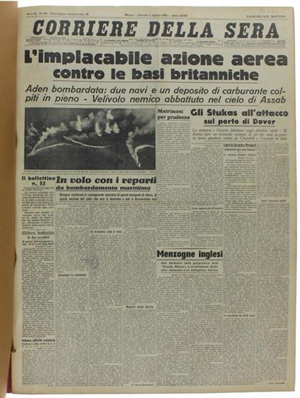Corriere Della Sera. Dal 1° Agosto Al 31 Ottobre 1940 - copertina