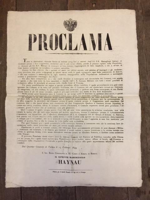 Proclama. Tutte le esortazioni emanate finora ai militari congedati e assenti degli I.I. R.R. Battaglioni Italiani di rientrare presso i loro reggimenti, restarono per lo più senza effetto, poiché il pessimo spirito della Popolazione dissuase gli I.I.R.R. - copertina
