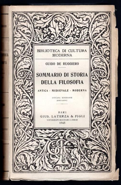Sommario di storia della filosofia - Guido De Ruggiero - copertina