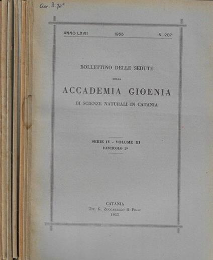 Bollettino delle sedute della Accademia Gioenia di scienze naturali in Catania serie III dal n. 207 al n. 215 anno 1955-1956-1957 - copertina