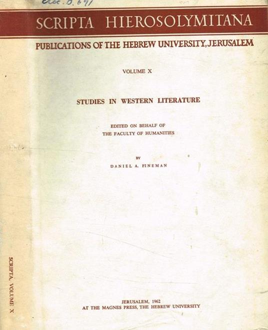 Scripta hierosolymitana Vol.X. Studies in western literature - copertina