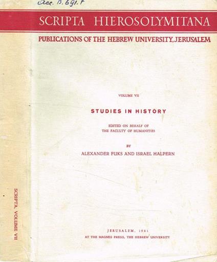 Scripta hierosolymitana Vol.VII. Studies in history - copertina