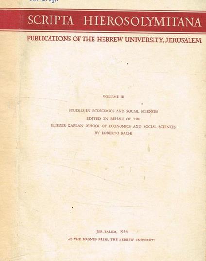 Scripta hierosolymitana vol III. Studies in economic and social sciences - Roberto Bianchi - copertina