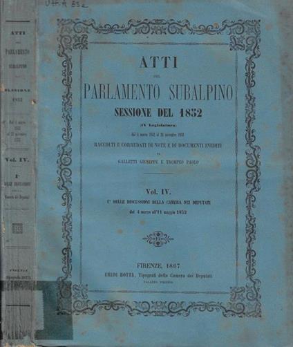 Rendiconti del Parlamento Italiano sessione del 1852 - copertina