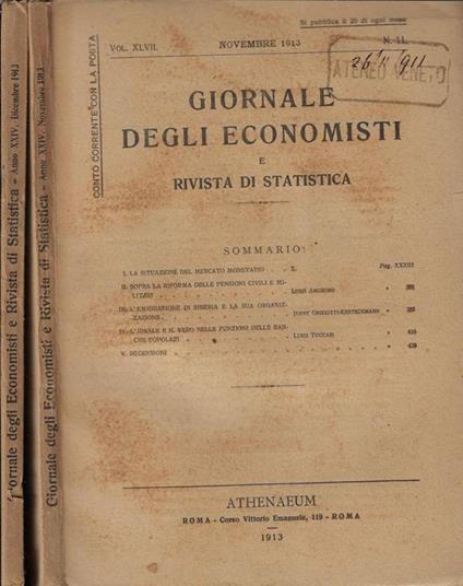 Giornale degli economisti e rivista di statistica anno 1913 N. 11, 12 - copertina