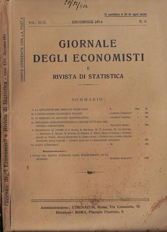 Giornale degli economisti e rivista di statistica anno 1914 N. 6 - copertina