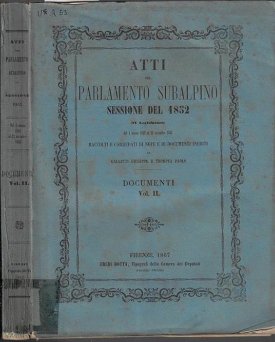 Atti del parlamento Subalpino sessione del 1852 - copertina
