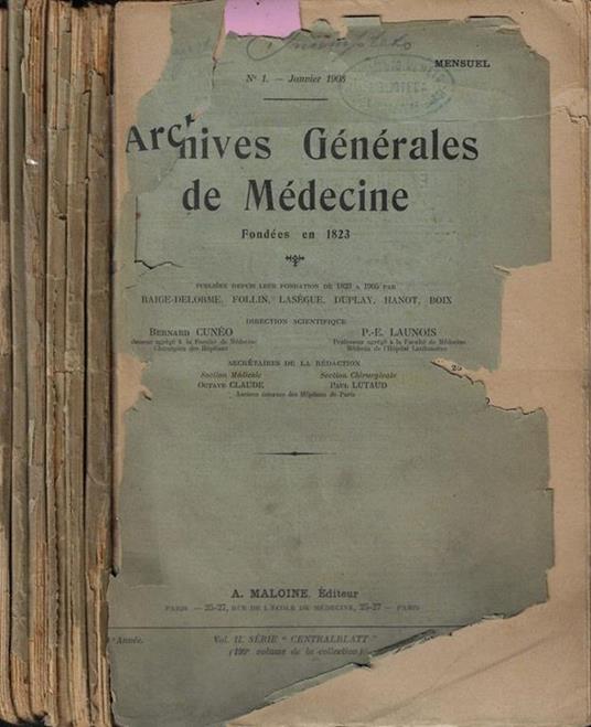 Archives Generales de Medecine n. 1-2-3-9-10-11-12 1908 - copertina