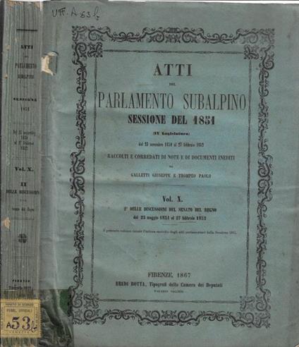 Atti del Parlamento Subalpino sessione del 1851 Vol. X - copertina