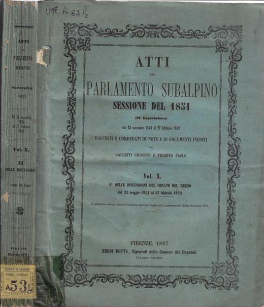 Atti del Parlamento Subalpino sessione del 1851 Vol. X - copertina