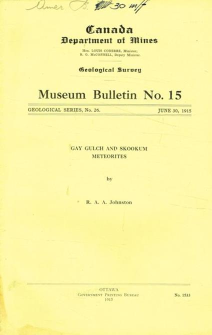 Canada Department of mines. Gay gulch and skookum meteorites - copertina