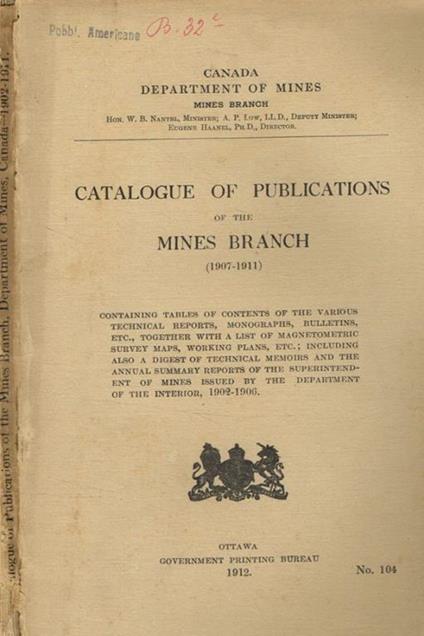 Catalogue of publications of the mines branch (1907-1911) - copertina