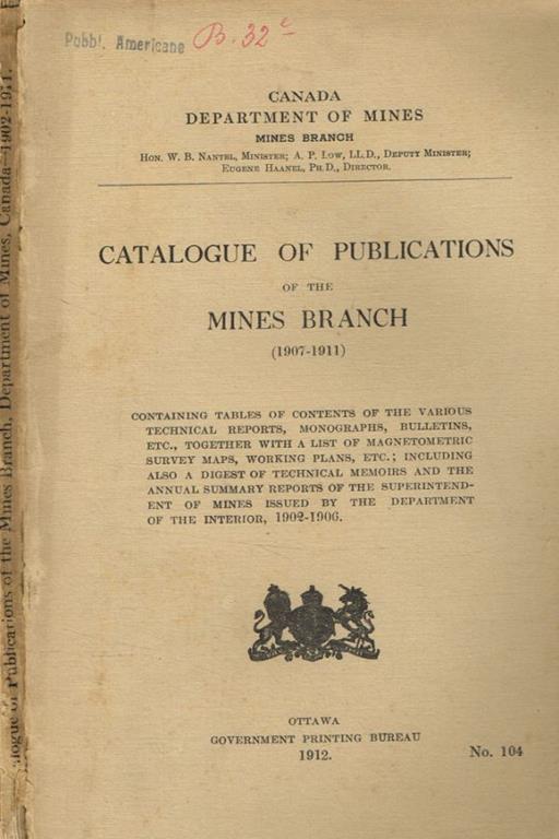 Catalogue of publications of the mines branch (1907-1911) - copertina