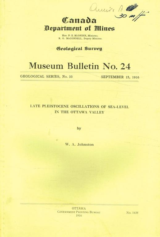 Canada department of mines. Late pleistocene oscillations of sea-level in the ottawa valley - A. W. Johnson - copertina