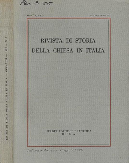 Rivista di Storia della Chiesa in Italia 1992 N. 2 - copertina