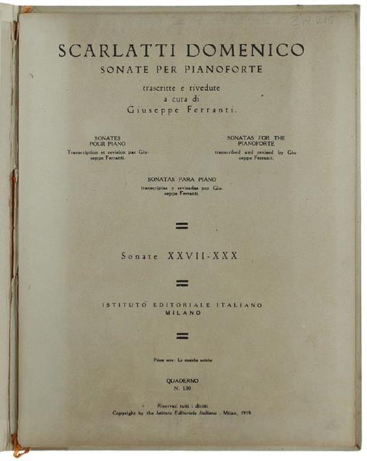 DOMENICO SCARLATTI. SONATE XXVII - XXX. Sonate per pianoforte trascritte e rivedute a cura di Giuseppe Ferranti. Raccolta Nazionale Delle Musiche Italiane, Quaderno N. 71 - Domenico Scarlatti - copertina