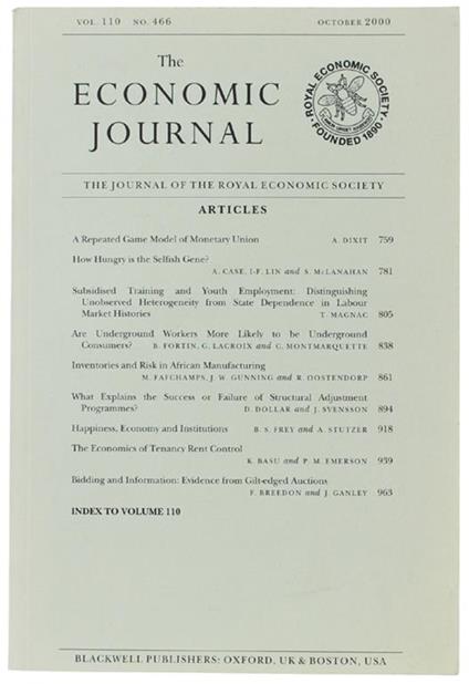 The ECONOMIC JOURNAL - Vol. 110 No. 466 - October 2000 - copertina