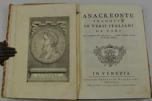 Anacreonte tradotto in versi italiani da varj. Con la giunta del Testo Greco, e della Versione Latina di Giosuè Barnes - Anacreonte - copertina