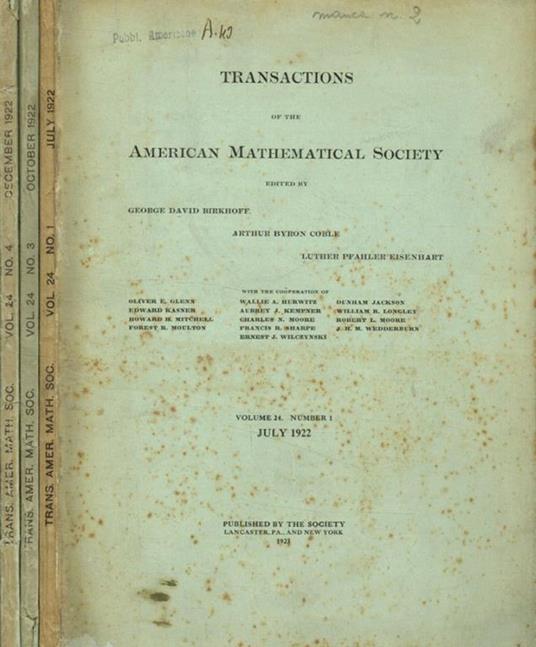 Transactions of the american mathematical society. Vol.14, fasc.1, 3, 4, anno 1922 George David Birkhoff, Arthur Byron Coble, Luther Pfahler Eisenhart - copertina