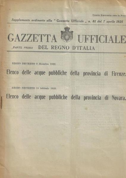 Gazzetta Ufficiale del Regno d'Italia- Supplemento Anno 1925 - copertina
