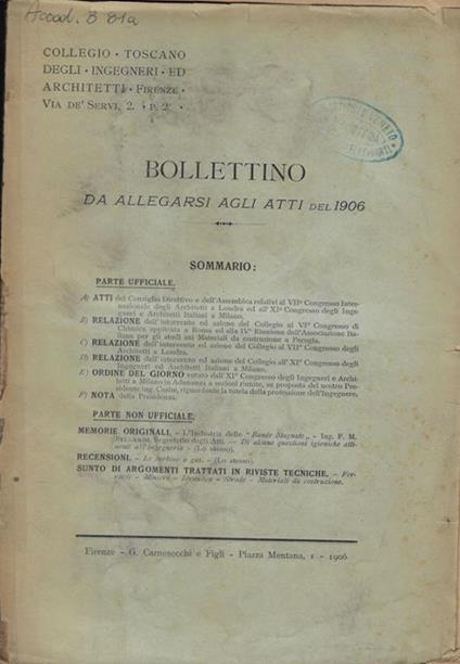 Bollettino da allegarsi agli atti del 1906 del Collegio Toscano degli Ingegneri ed Architetti - copertina