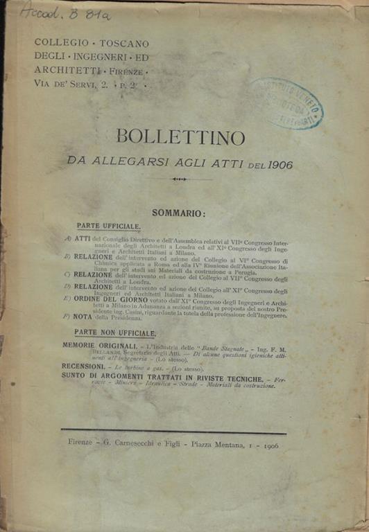 Bollettino da allegarsi agli atti del 1906 del Collegio Toscano degli Ingegneri ed Architetti - copertina