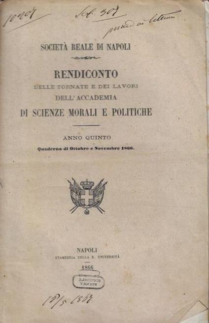 Rendiconto delle tornate e dei lavori dell'Accademia di Scienze Morali e Politiche, Anno V- quaderno di Ottobre-Novembre - copertina