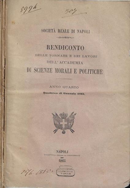 Rendiconto delle tornate e dei lavori dell'Accademia di Scienze Morali e Politiche, Anno IV- quaderno di Gennaio, Febbraio-Marzo, Aprile-Maggio, Giugno - copertina