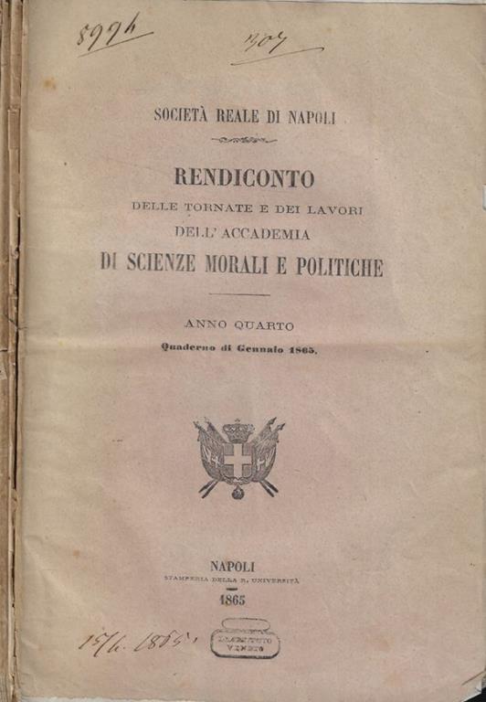 Rendiconto delle tornate e dei lavori dell'Accademia di Scienze Morali e Politiche, Anno IV- quaderno di Gennaio, Febbraio-Marzo, Aprile-Maggio, Giugno - copertina