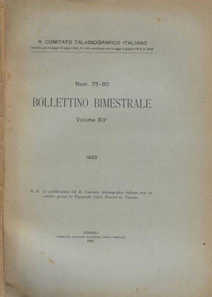 Bollettino Bimestrale vol. XII, n. 75-80 Anno 1922 - copertina