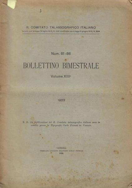 Bollettino bimestrale vol. XIII, n. 81-86 Anno 1923 - copertina