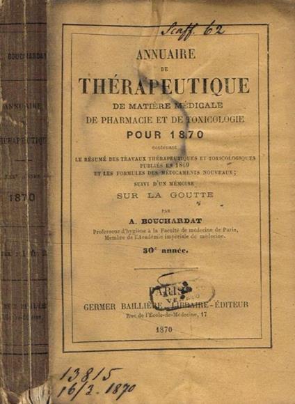 Annuaire de therapeutique de matiere medicale de pharmacie et de toxicologie pour 1870 A.Bouchardat - copertina