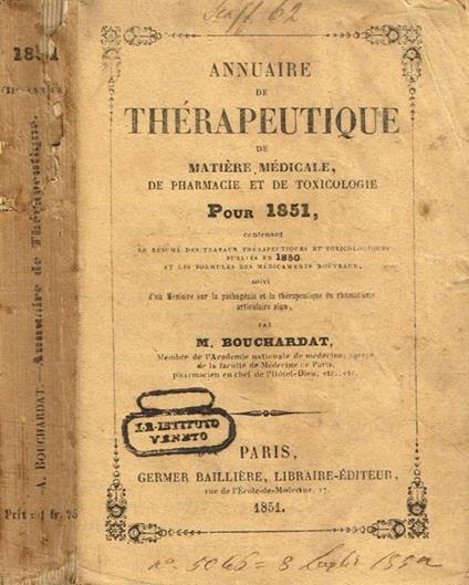 Annuaire de therapeutique de matiere medicale de pharmacie et de toxicologie pour 1851 M.Bouchardat - copertina